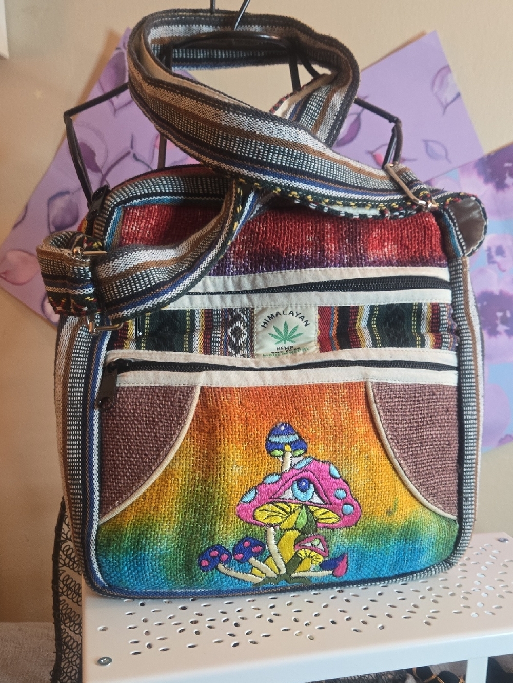 Himalayan Rainbow Mushroom Embroidered Crossbody Bag
